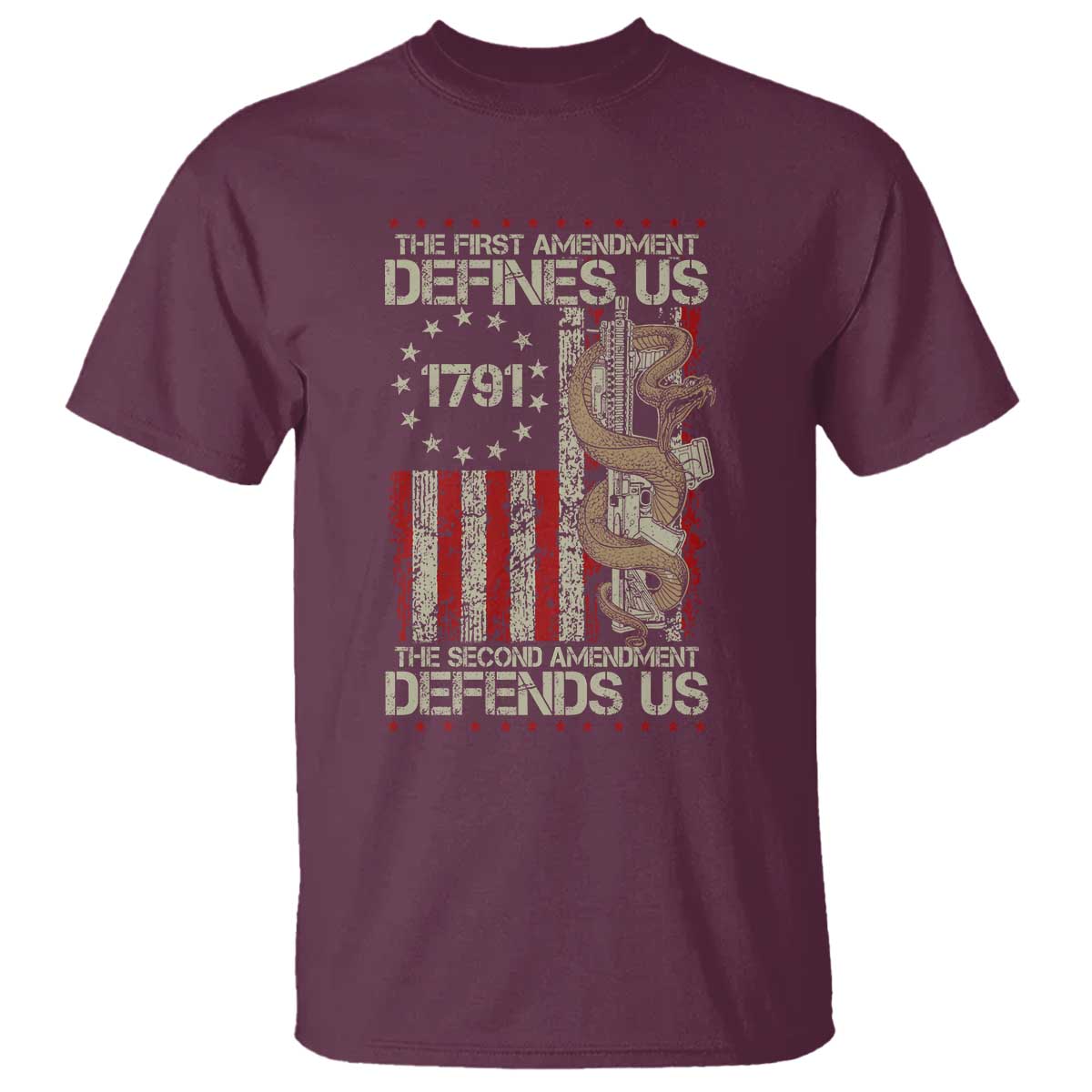 The First Amendment Defines Us The Second Defend Us T Shirt Vintage American Flag TS11 Maroon Print Your Wear