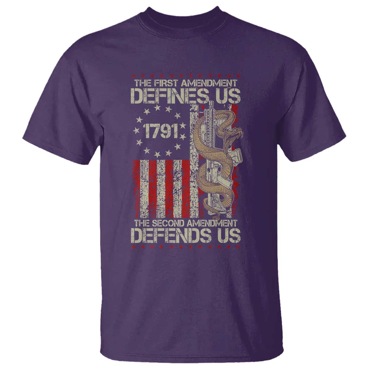 The First Amendment Defines Us The Second Defend Us T Shirt Vintage American Flag TS11 Purple Print Your Wear