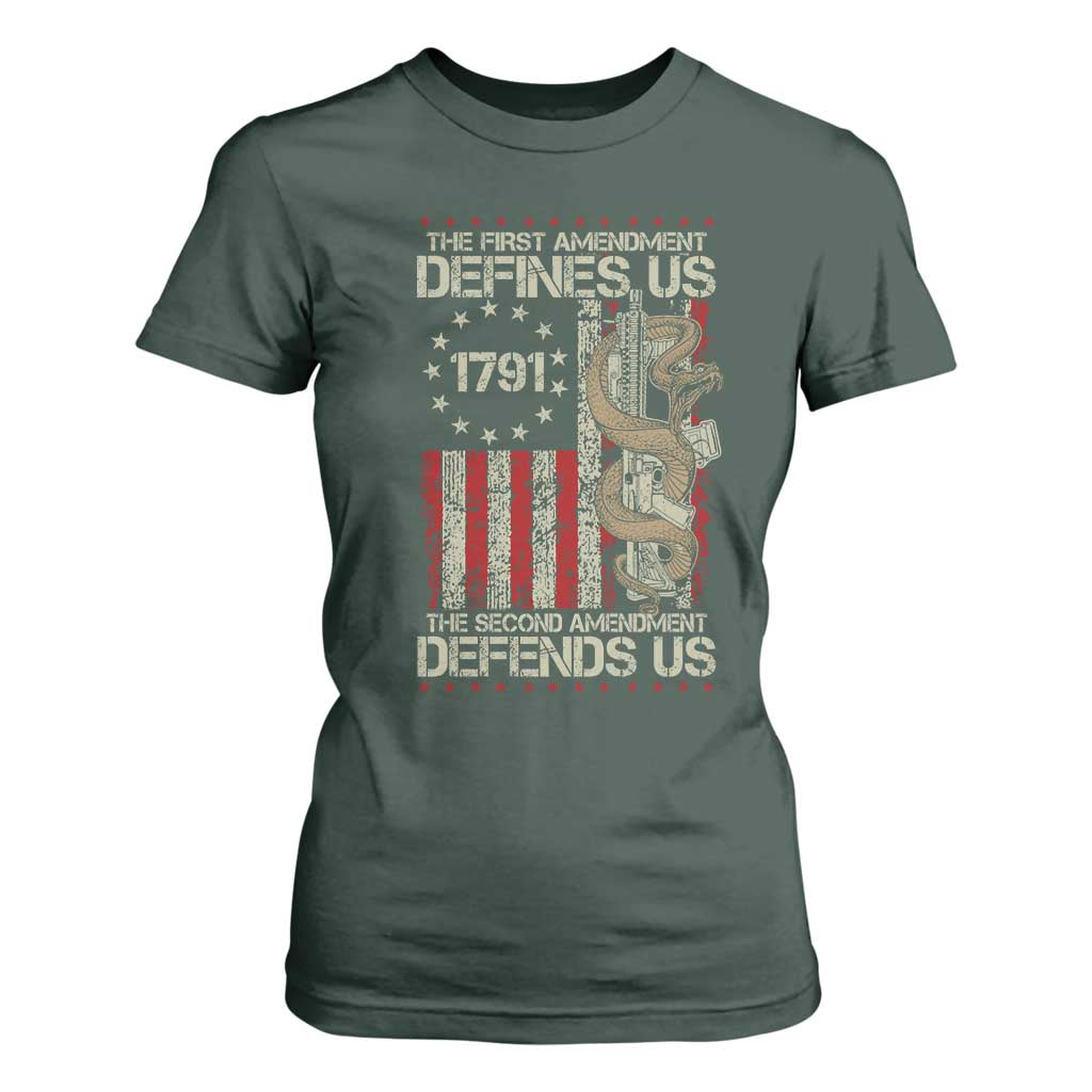 The First Amendment Defines Us The Second Defend Us T Shirt For Women Vintage American Flag TS11 Dark Forest Green Print Your Wear