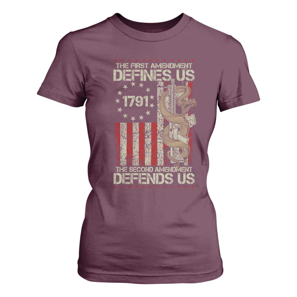The First Amendment Defines Us The Second Defend Us T Shirt For Women Vintage American Flag TS11 Maroon Print Your Wear