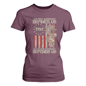The First Amendment Defines Us The Second Defend Us T Shirt For Women Vintage American Flag TS11 Maroon Print Your Wear