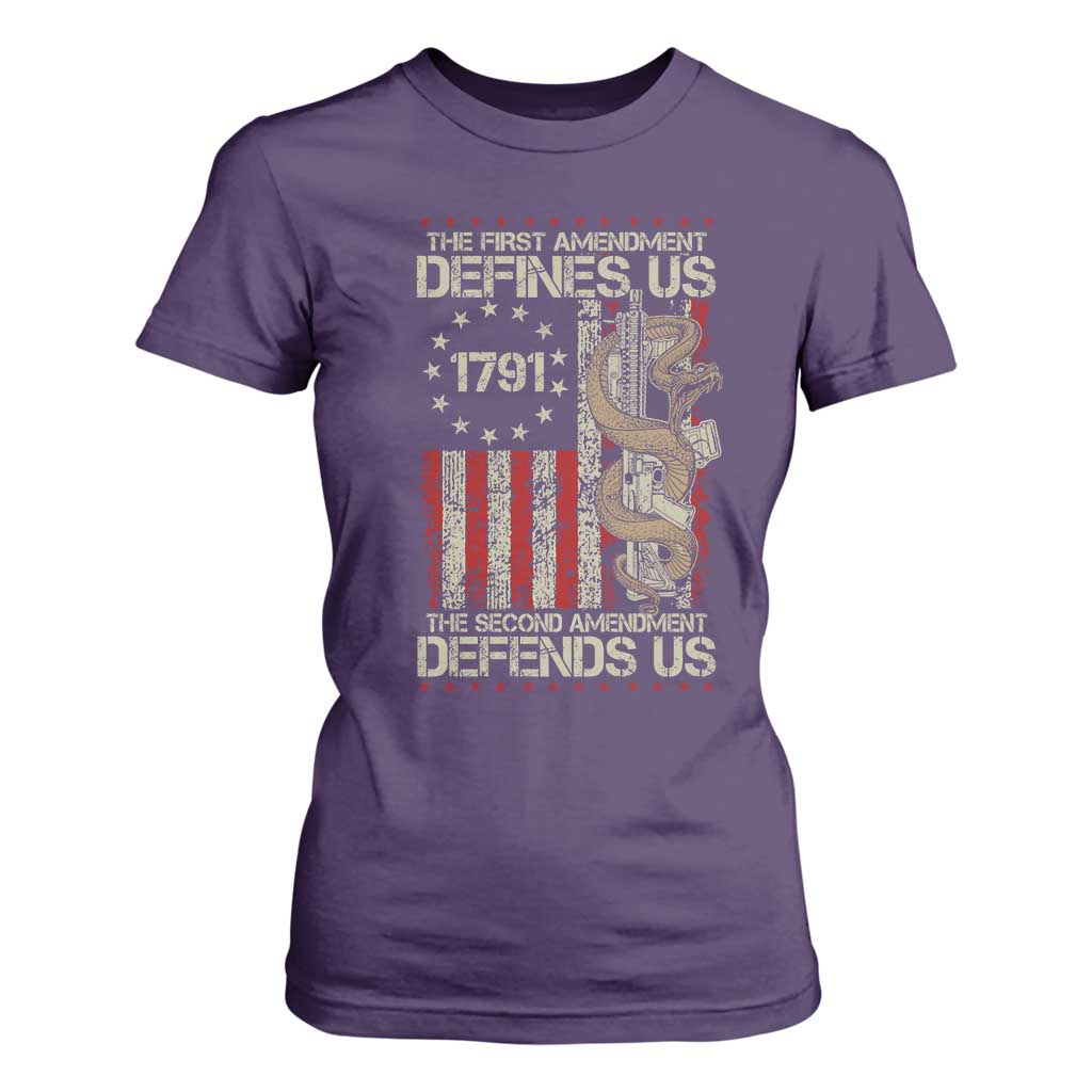 The First Amendment Defines Us The Second Defend Us T Shirt For Women Vintage American Flag TS11 Purple Print Your Wear