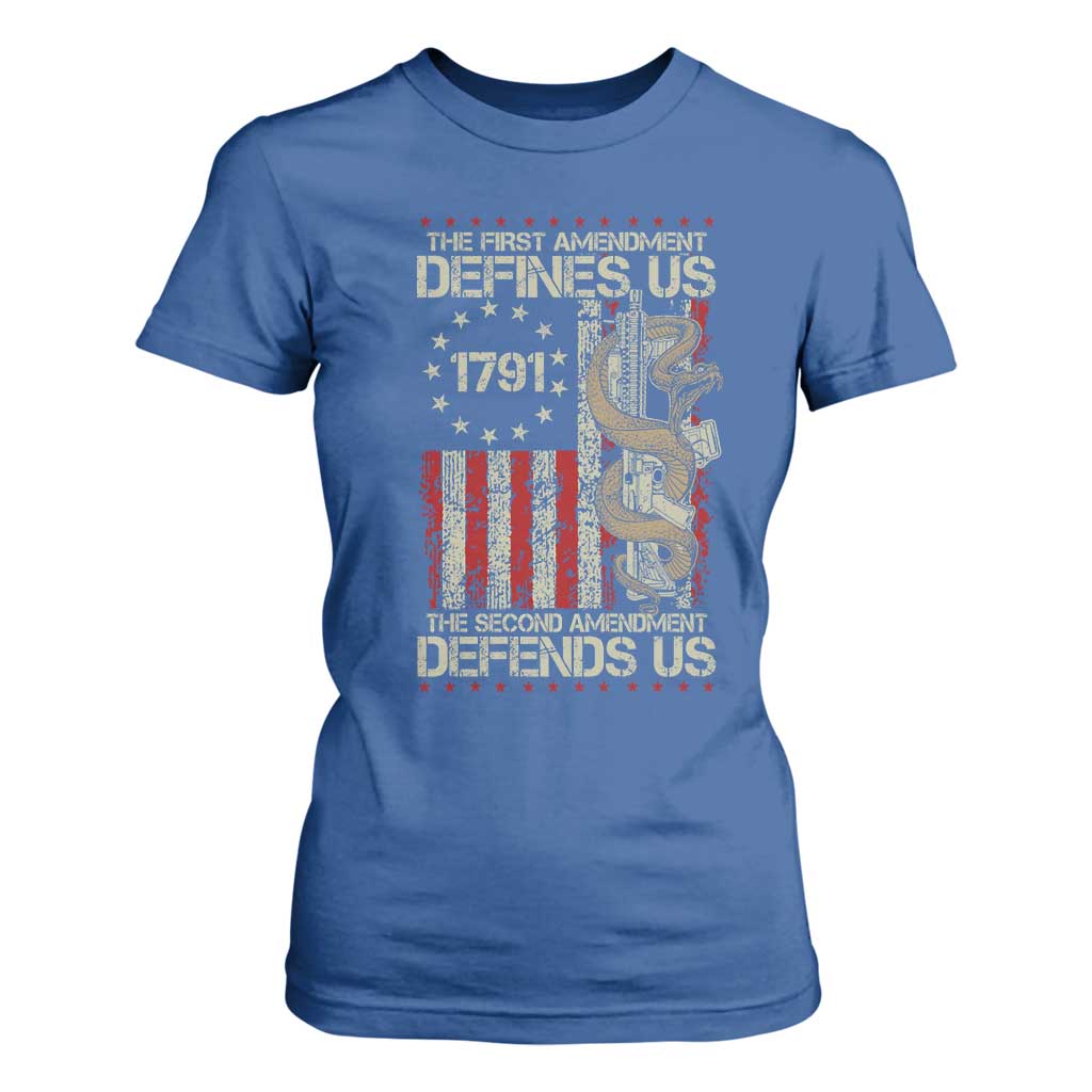 The First Amendment Defines Us The Second Defend Us T Shirt For Women Vintage American Flag TS11 Royal Blue Print Your Wear