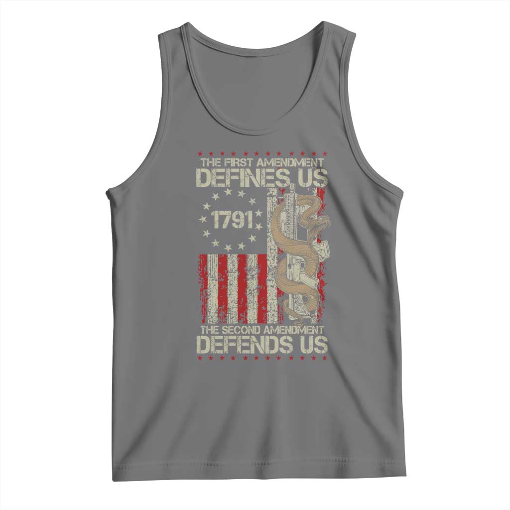 The First Amendment Defines Us The Second Defend Us Tank Top Vintage American Flag TS11 Black Heather Print Your Wear