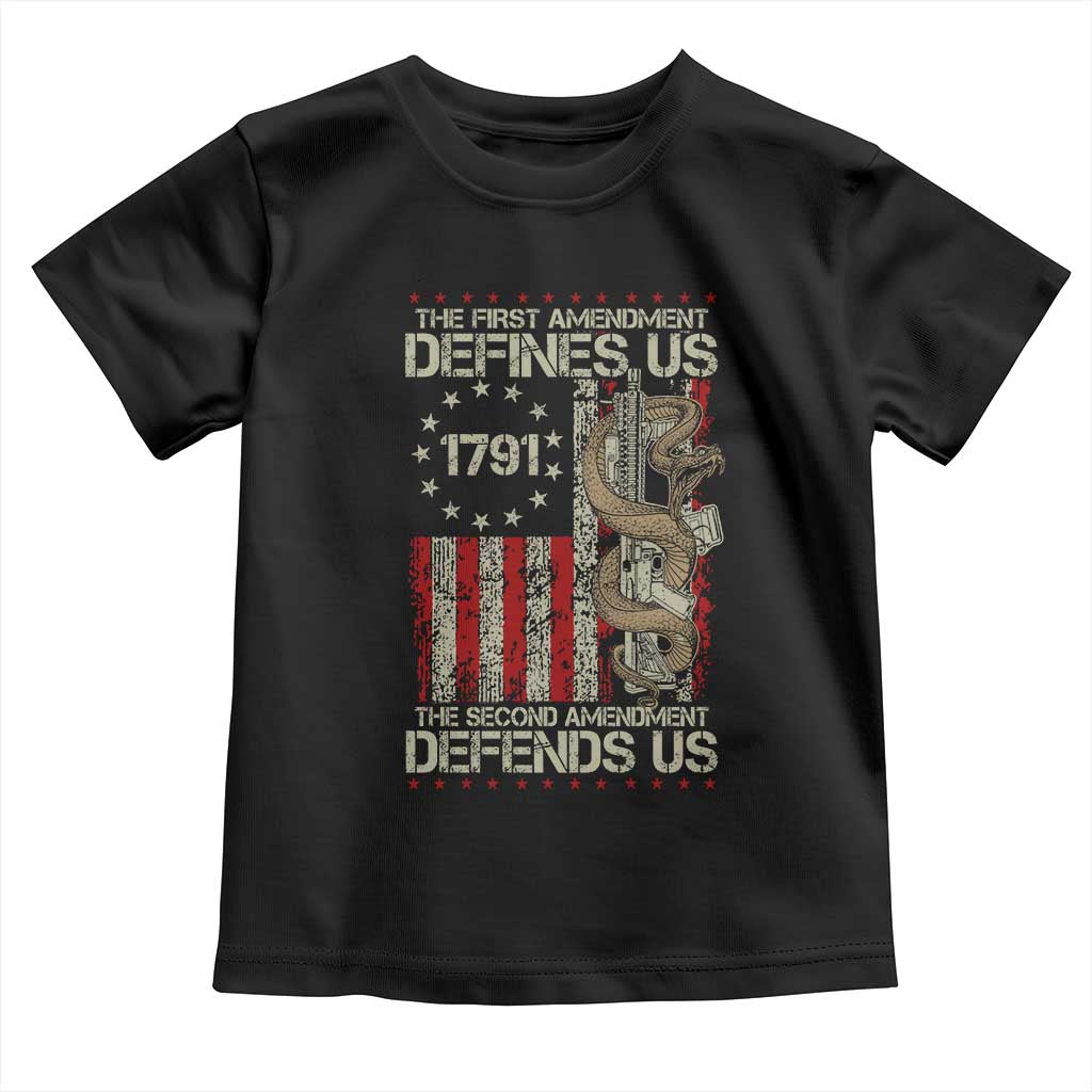 The First Amendment Defines Us The Second Defend Us Toddler T Shirt Vintage American Flag TS11 Black Print Your Wear