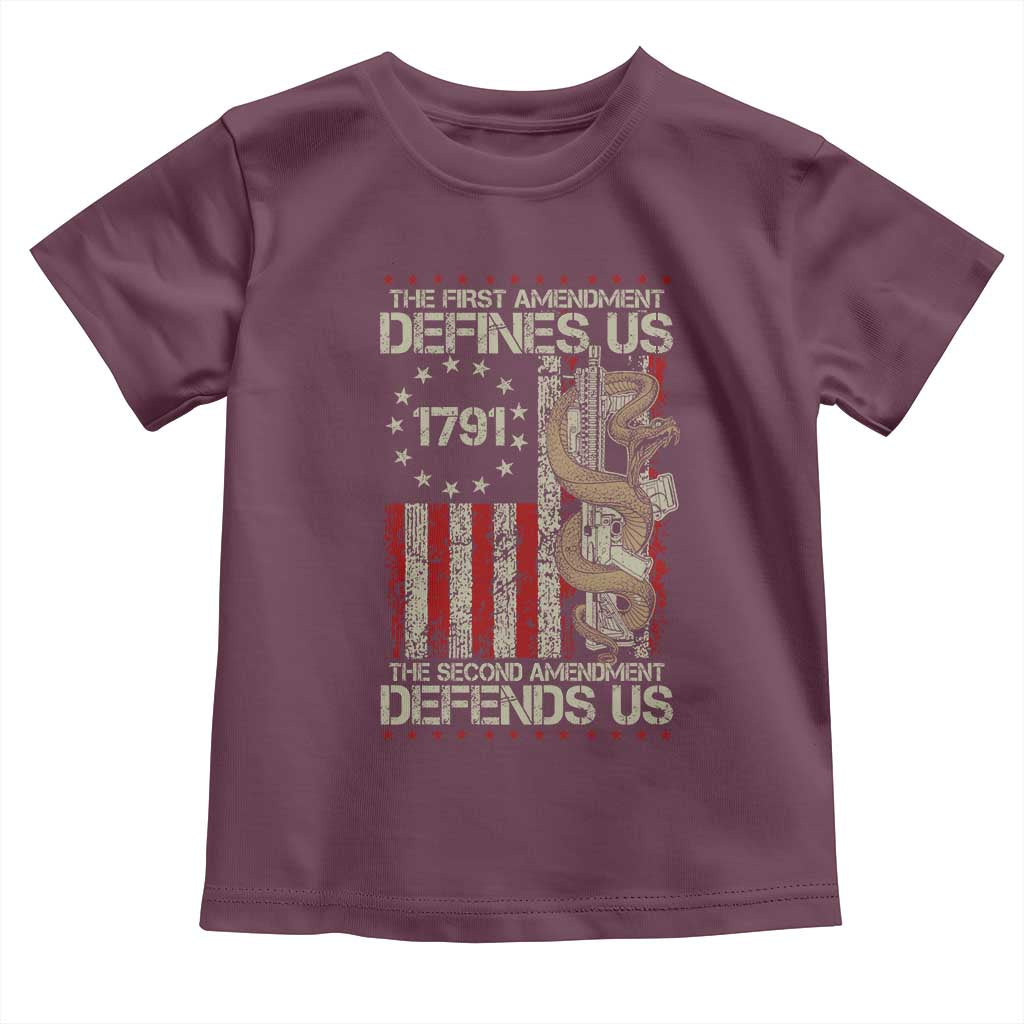 The First Amendment Defines Us The Second Defend Us Toddler T Shirt Vintage American Flag TS11 Maroon Print Your Wear