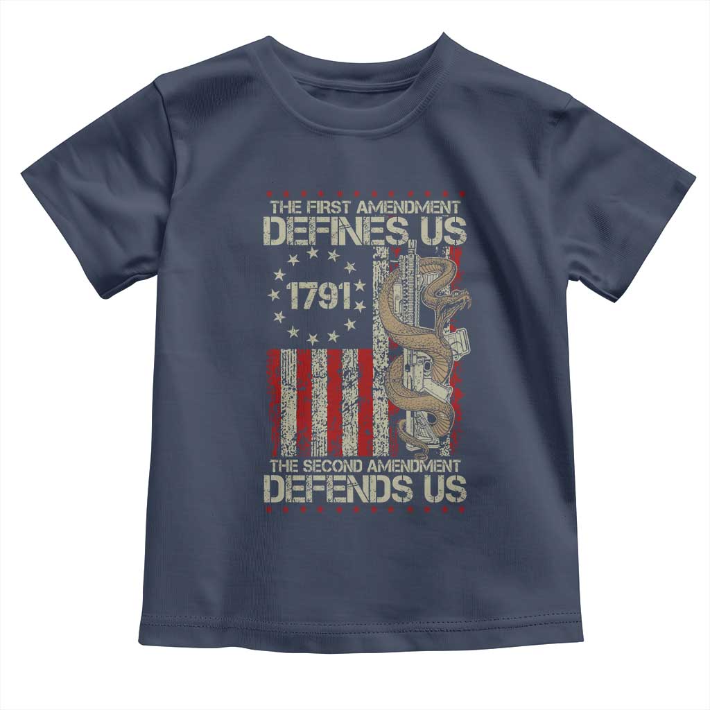 The First Amendment Defines Us The Second Defend Us Toddler T Shirt Vintage American Flag TS11 Navy Print Your Wear