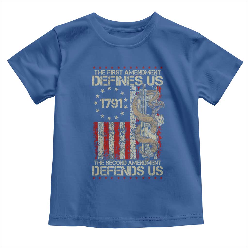 The First Amendment Defines Us The Second Defend Us Toddler T Shirt Vintage American Flag TS11 Royal Blue Print Your Wear