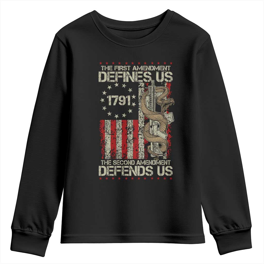 The First Amendment Defines Us The Second Defend Us Youth Sweatshirt Vintage American Flag TS11 Black Print Your Wear