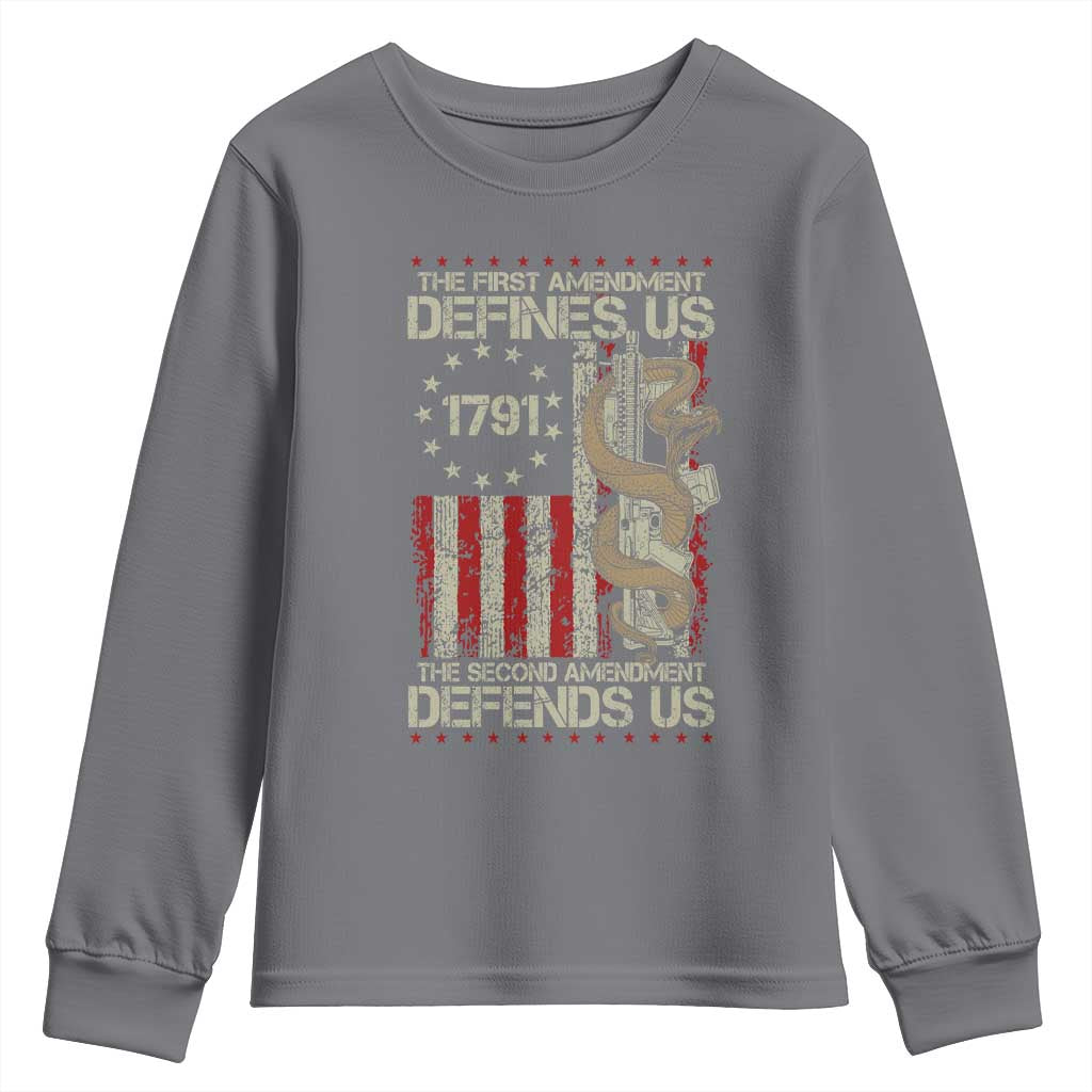 The First Amendment Defines Us The Second Defend Us Youth Sweatshirt Vintage American Flag TS11 Charcoal Print Your Wear