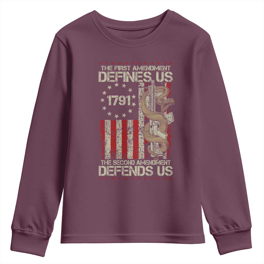 The First Amendment Defines Us The Second Defend Us Youth Sweatshirt Vintage American Flag TS11 Maroon Print Your Wear