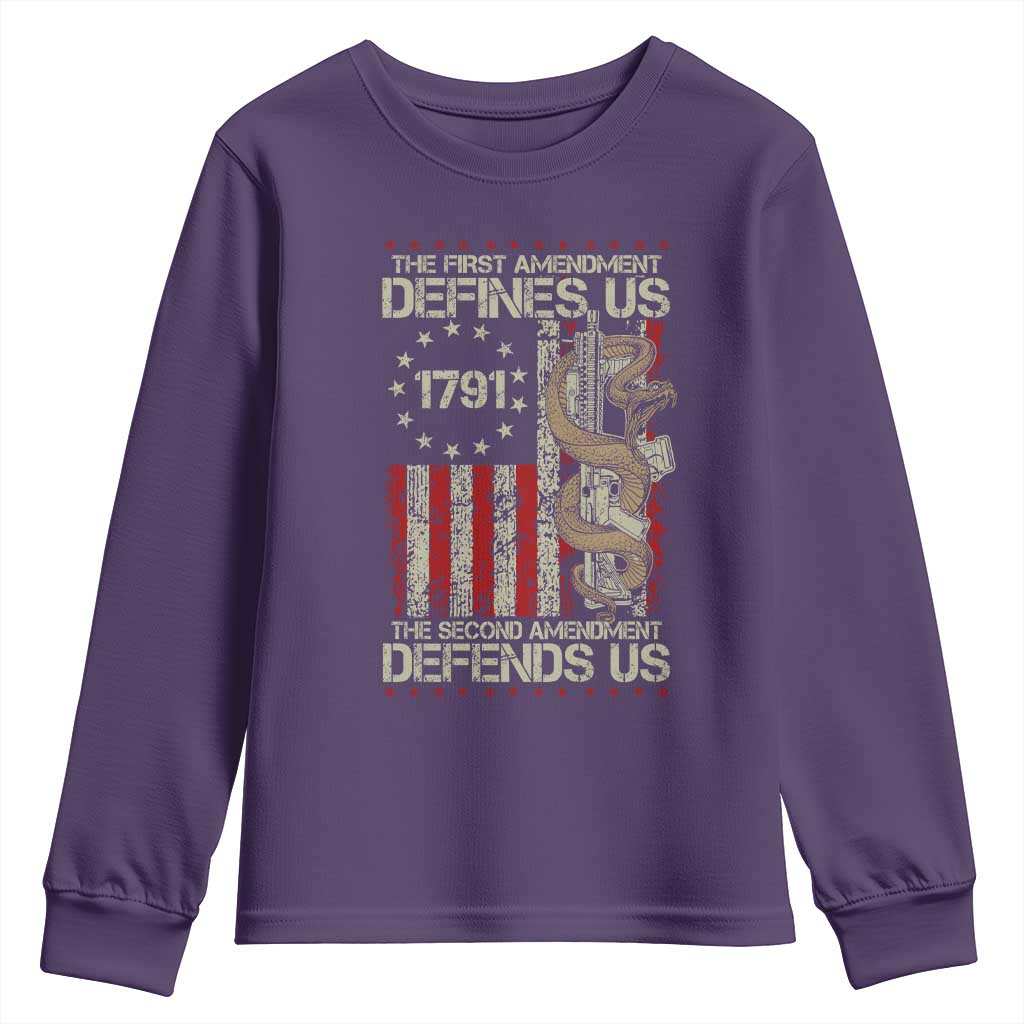 The First Amendment Defines Us The Second Defend Us Youth Sweatshirt Vintage American Flag TS11 Purple Print Your Wear