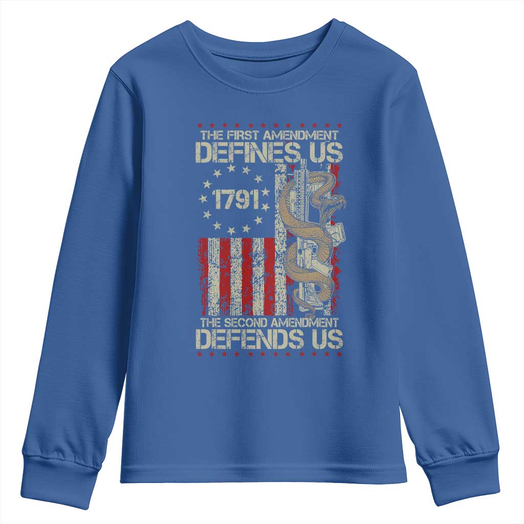 The First Amendment Defines Us The Second Defend Us Youth Sweatshirt Vintage American Flag TS11 Royal Blue Print Your Wear