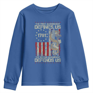 The First Amendment Defines Us The Second Defend Us Youth Sweatshirt Vintage American Flag TS11 Royal Blue Print Your Wear