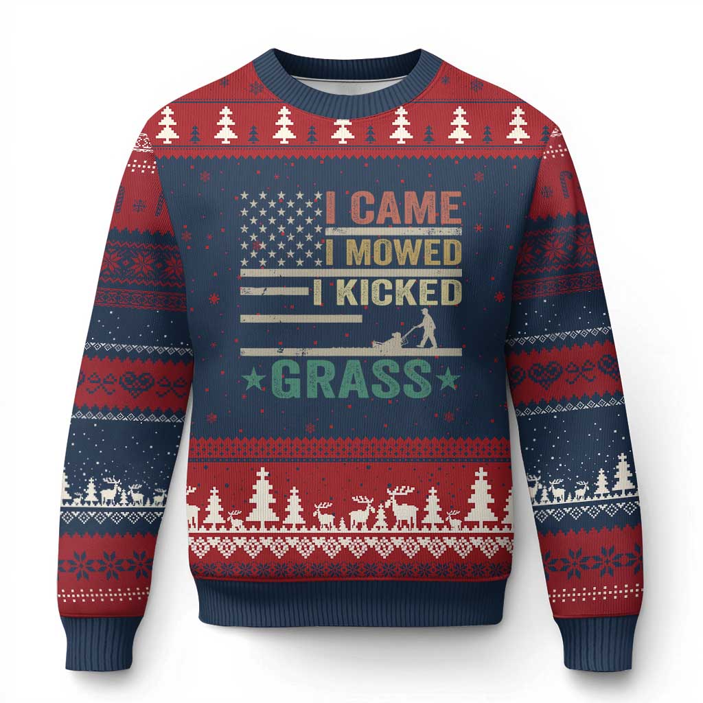 Funny I Came I Mowed I Kicked Grass Ugly Christmas Sweater Lawn Mowing Gardener TS11 Navy Red Print Your Wear