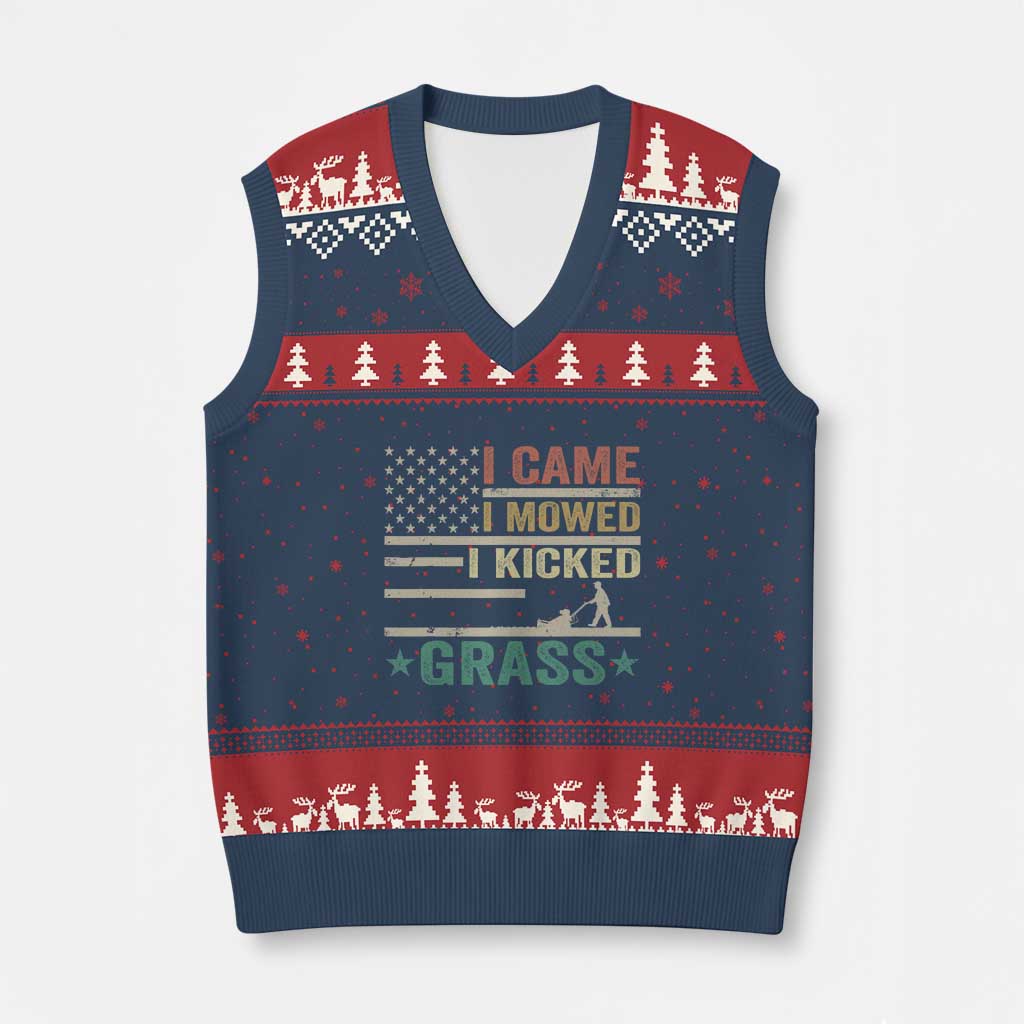 Funny I Came I Mowed I Kicked Grass V-Neck Knit Sweater Vest Lawn Mowing Gardener TS11 Navy Red Print Your Wear