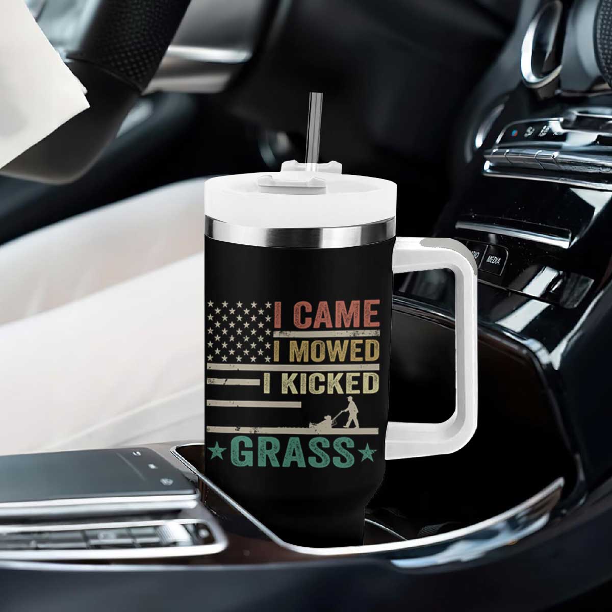 Funny I Came I Mowed I Kicked Grass Tumbler With Handle Lawn Mowing Gardener TS11 Print Your Wear