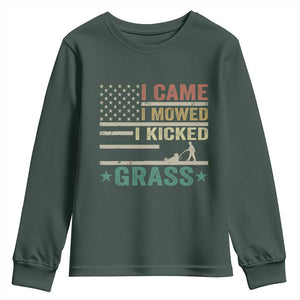 Funny I Came I Mowed I Kicked Grass Youth Sweatshirt Lawn Mowing Gardener TS11 Dark Forest Green Print Your Wear