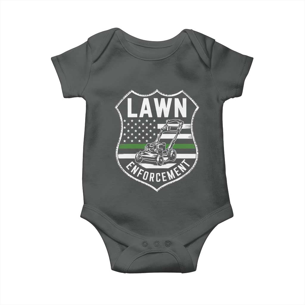 Funny Lawn Enforcement Baby Onesie Gardening Lawn Mower American Flag TS11 Dark Heather Print Your Wear