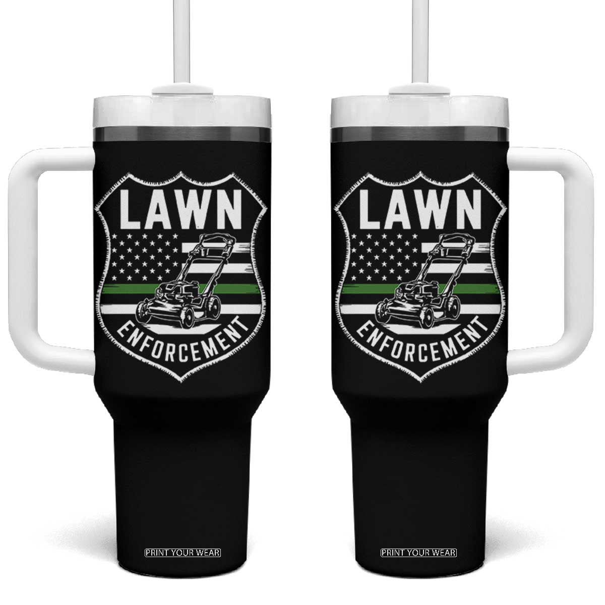 Funny Lawn Enforcement Tumbler With Handle Gardening Lawn Mower American Flag TS11 One Size: 40 oz Black Print Your Wear