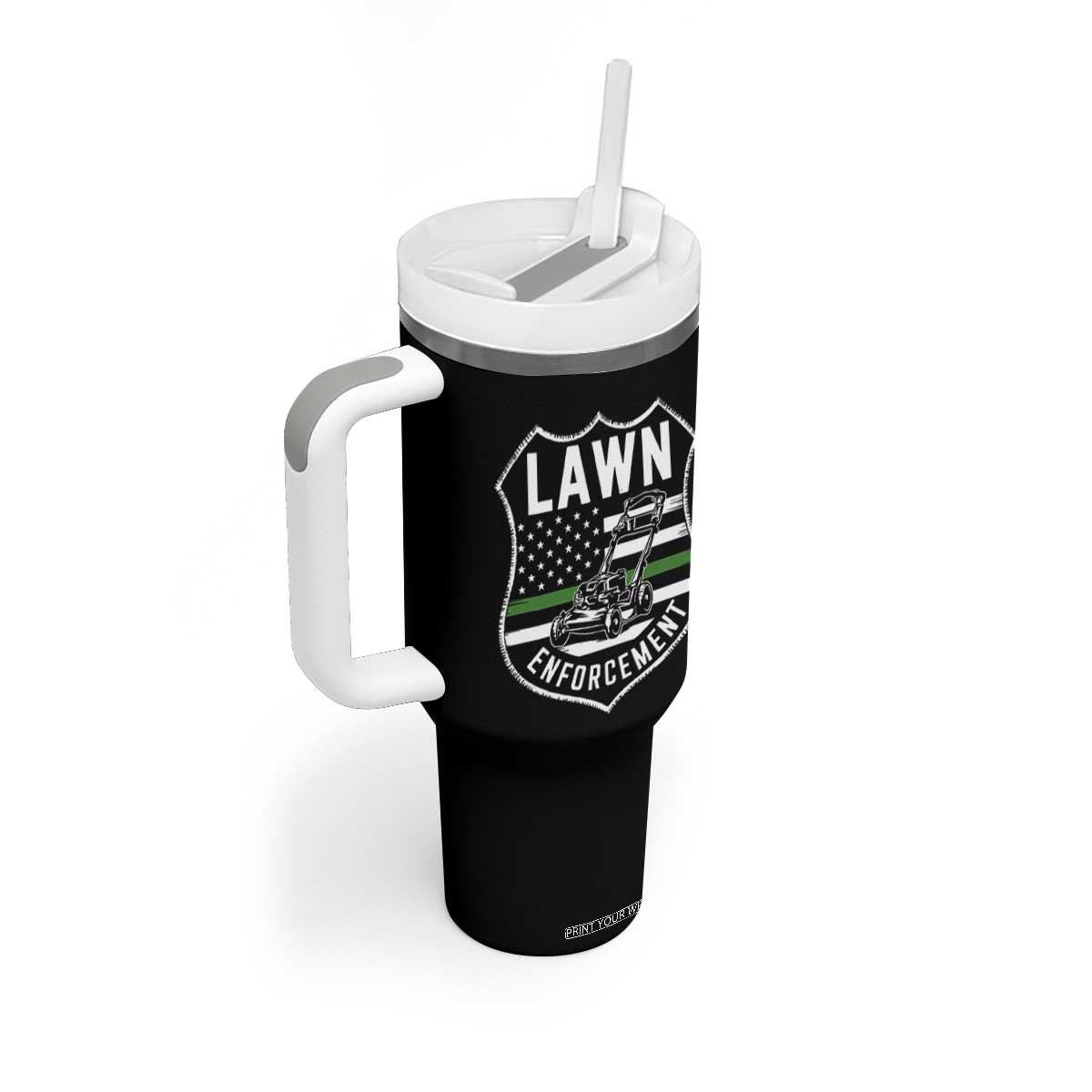 Funny Lawn Enforcement Tumbler With Handle Gardening Lawn Mower American Flag TS11 Print Your Wear