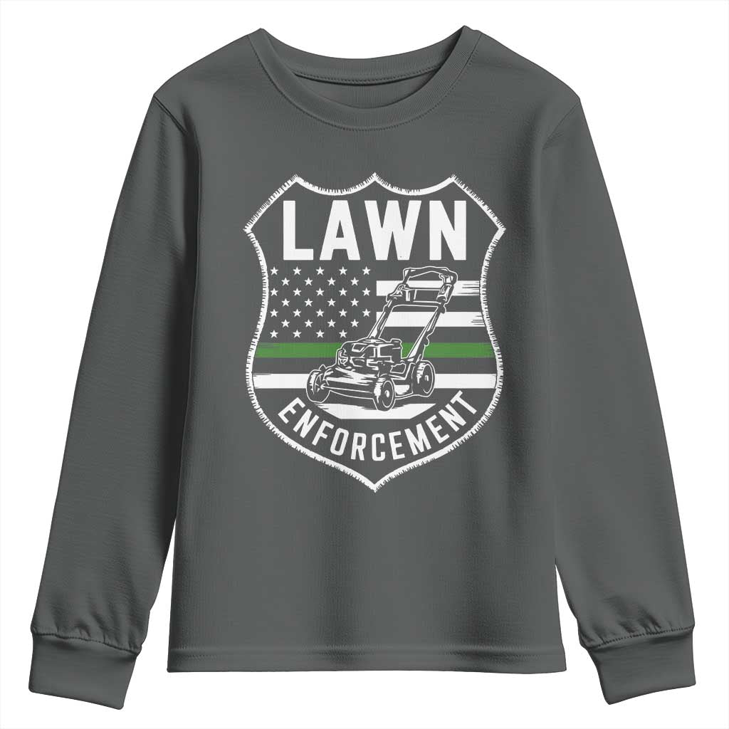 Funny Lawn Enforcement Youth Sweatshirt Gardening Lawn Mower American Flag TS11 Dark Heather Print Your Wear