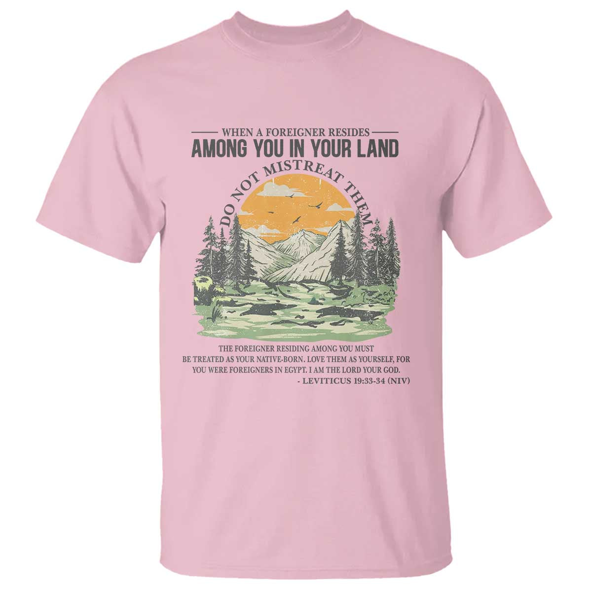 When A Foreigner Resides Among You In Your Land Do Not Mistreat Them T Shirt Bible Verse TS11 Light Pink Print Your Wear