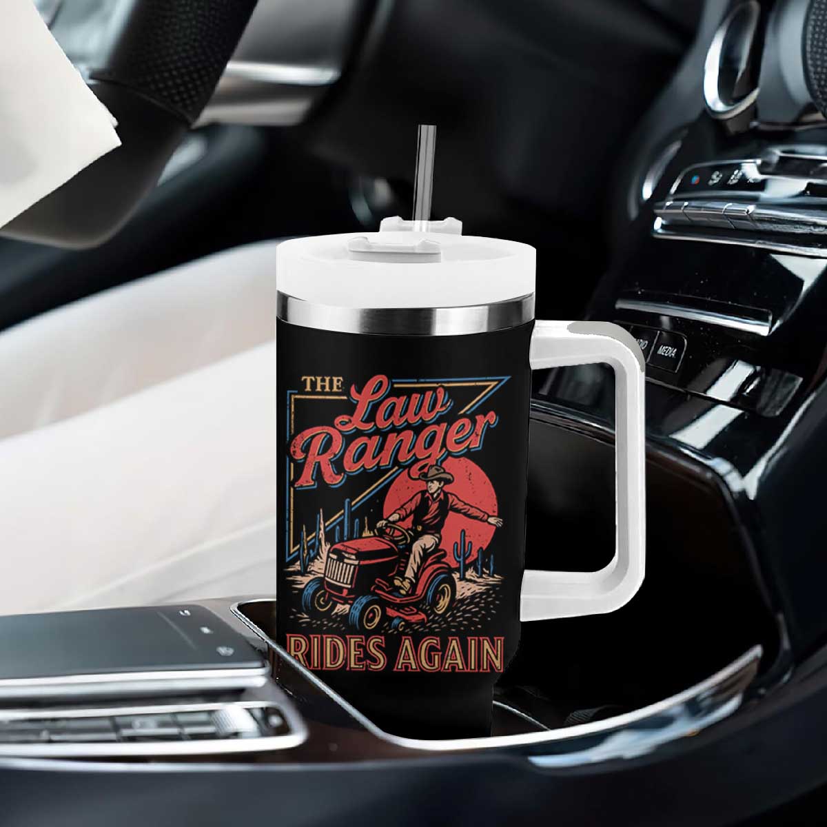 Funny The Lawn Ranger Rides Again Tumbler With Handle Lawn Tractor Mowing Cowboy TS11 Print Your Wear