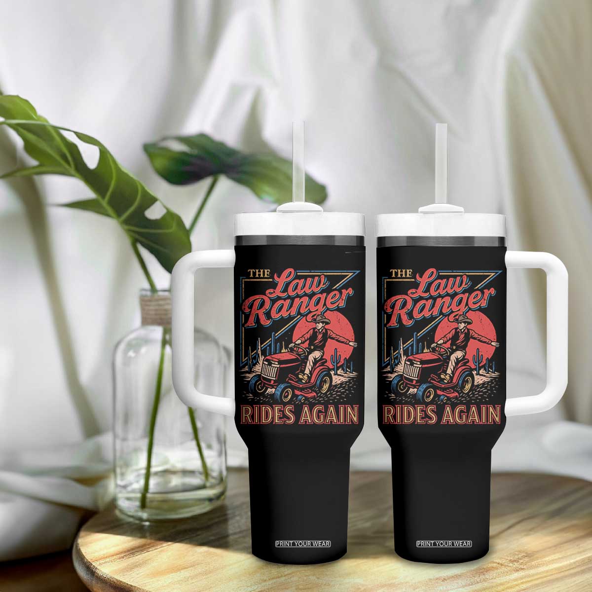 Funny The Lawn Ranger Rides Again Tumbler With Handle Lawn Tractor Mowing Cowboy TS11 Print Your Wear