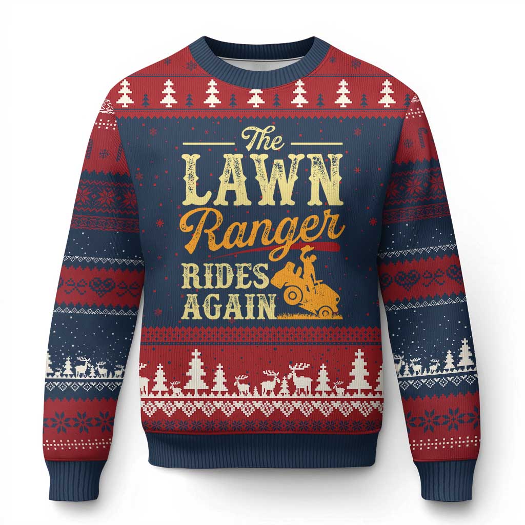 Funny The Lawn Ranger Rides Again Ugly Christmas Sweater Lawn Tractor Mowing Western Cowboy TS11 Navy Red Print Your Wear