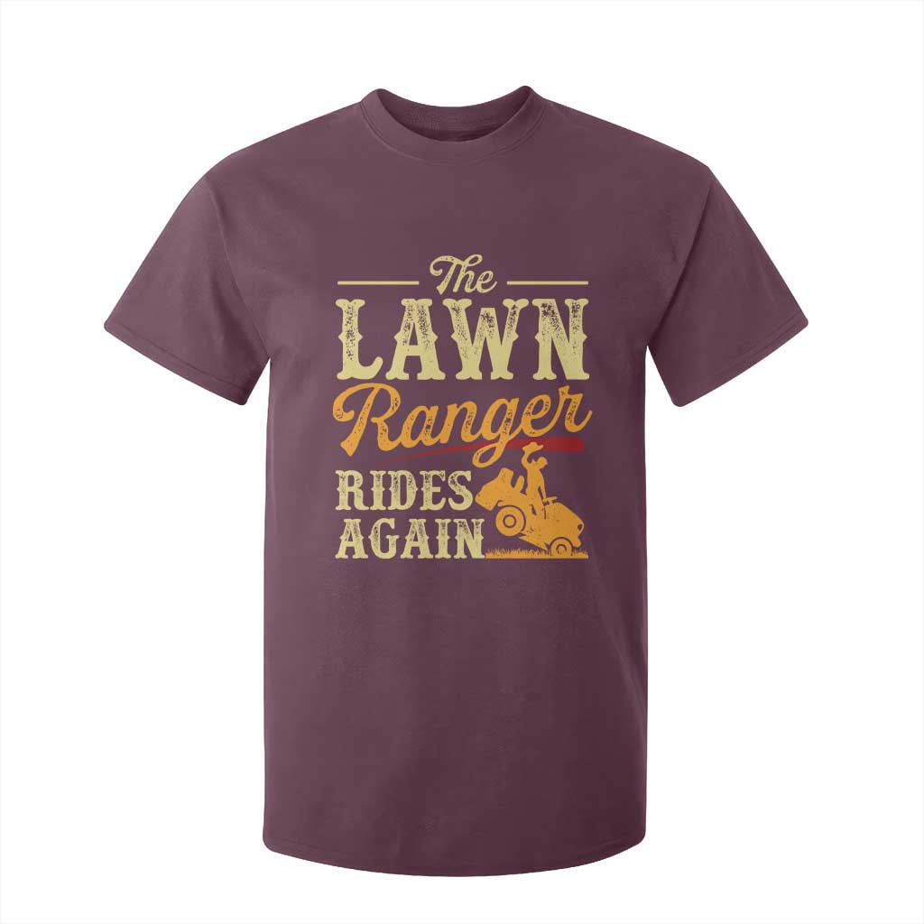 Funny The Lawn Ranger Rides Again T Shirt For Kid Lawn Tractor Mowing Western Cowboy TS11 Maroon Print Your Wear