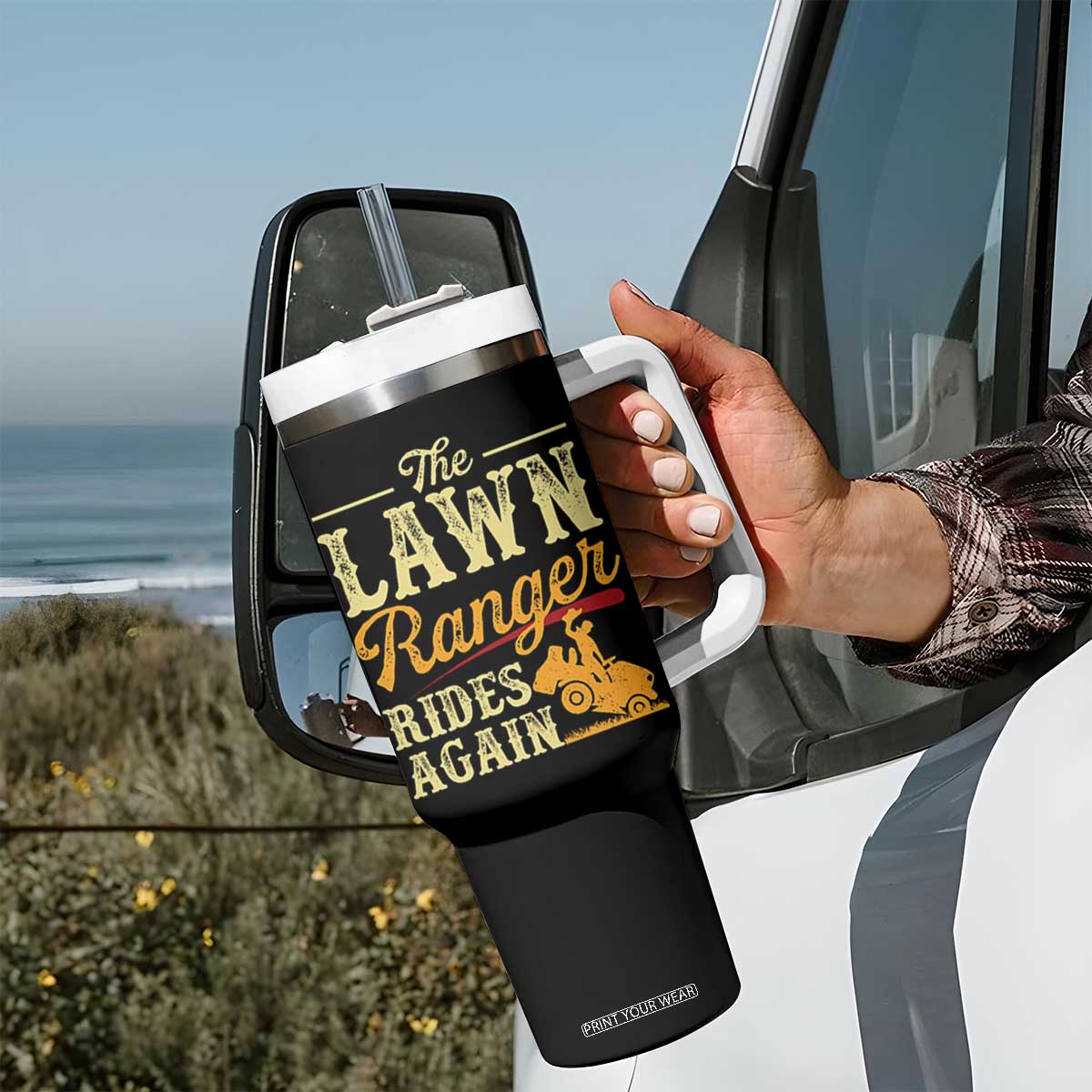 Funny The Lawn Ranger Rides Again Tumbler With Handle Lawn Tractor Mowing Western Cowboy TS11 Print Your Wear