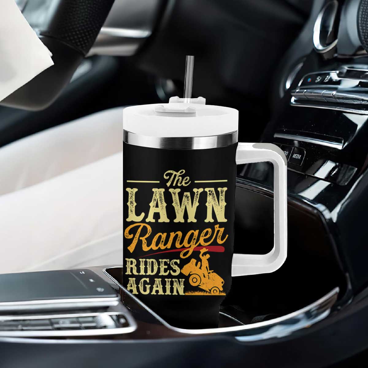 Funny The Lawn Ranger Rides Again Tumbler With Handle Lawn Tractor Mowing Western Cowboy TS11 Print Your Wear