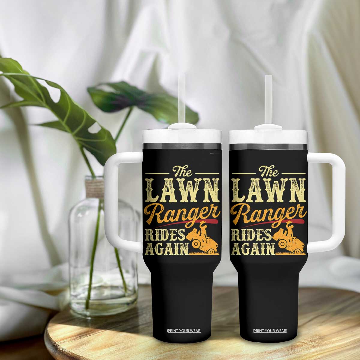 Funny The Lawn Ranger Rides Again Tumbler With Handle Lawn Tractor Mowing Western Cowboy TS11 Print Your Wear