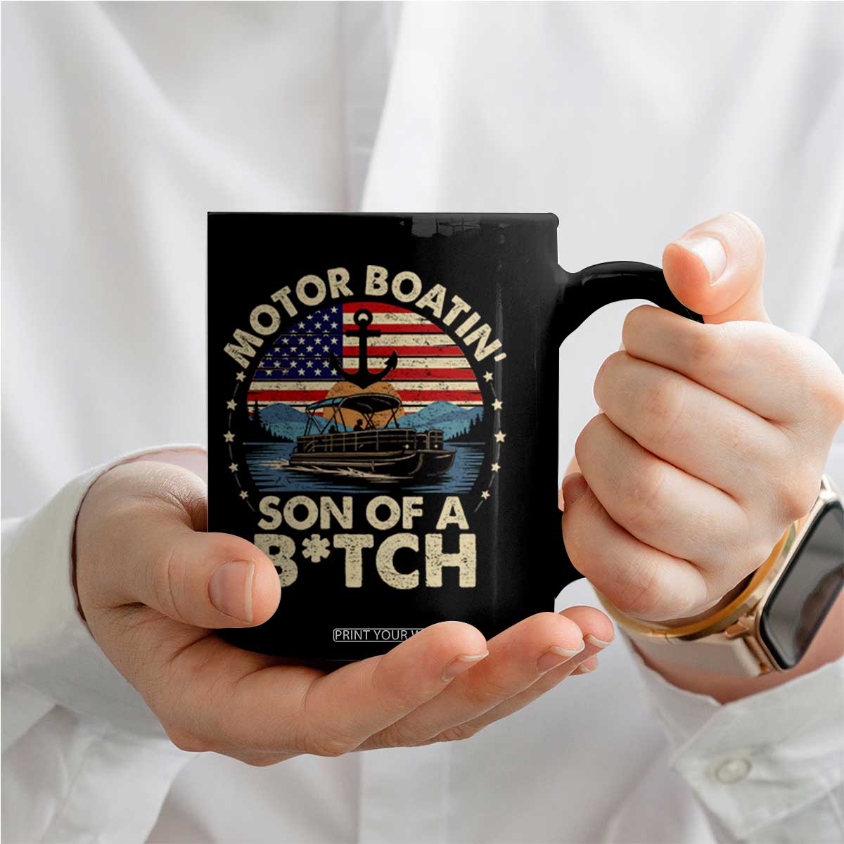 Funny Motor Boat Captain Coffee Mug Motor Boatin' Son Of A Bitch American Flag TS11 Print Your Wear