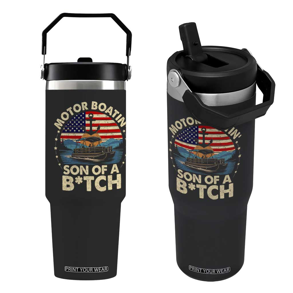 Funny Motor Boat Captain Flip Straw Tumbler Motor Boatin' Son Of A Bitch American Flag TS11 One Size: 30 oz Black Print Your Wear