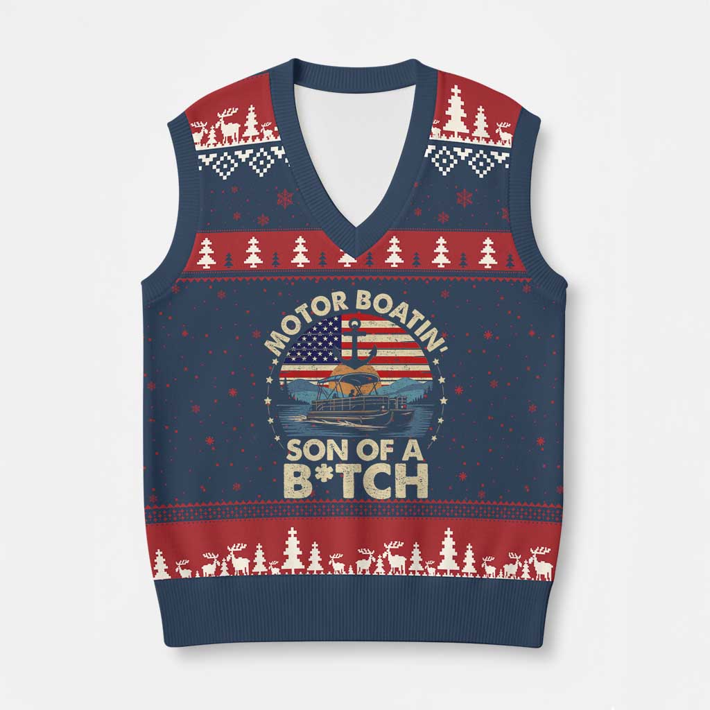 Funny Motor Boat Captain V-Neck Knit Sweater Vest Motor Boatin' Son Of A Bitch American Flag - Print Your Wear