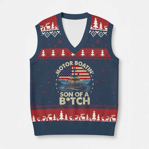 Funny Motor Boat Captain V-Neck Knit Sweater Vest Motor Boatin' Son Of A Bitch American Flag - Print Your Wear