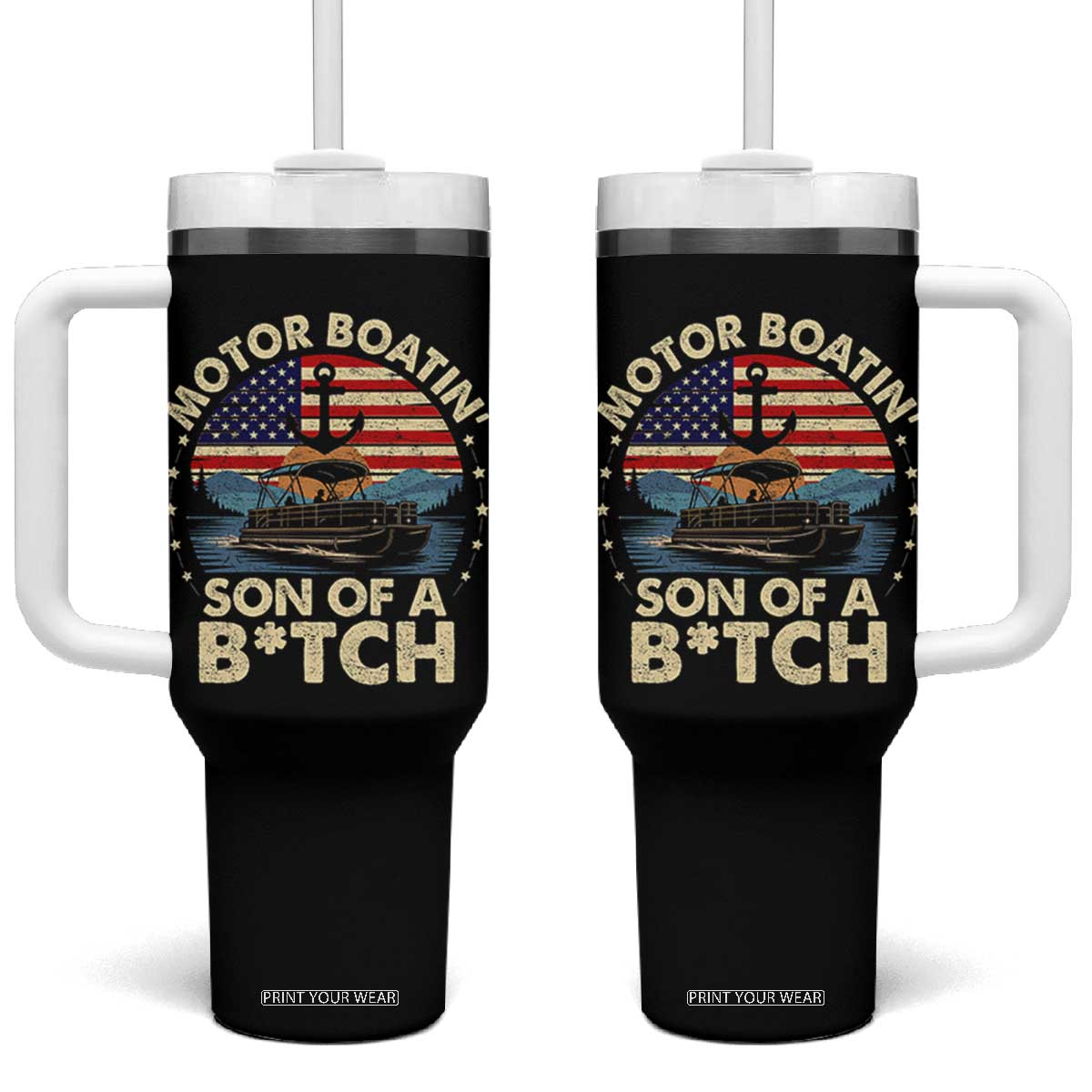 Funny Motor Boat Captain Tumbler With Handle Motor Boatin' Son Of A Bitch American Flag TS11 One Size: 40 oz Black Print Your Wear