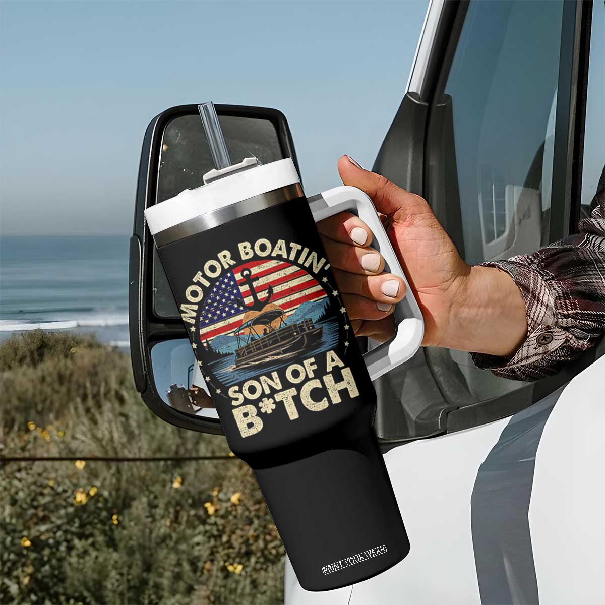 Funny Motor Boat Captain Tumbler With Handle Motor Boatin' Son Of A Bitch American Flag TS11 Print Your Wear