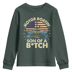 Funny Motor Boat Captain Youth Sweatshirt Motor Boatin' Son Of A Bitch American Flag TS11 Dark Forest Green Print Your Wear