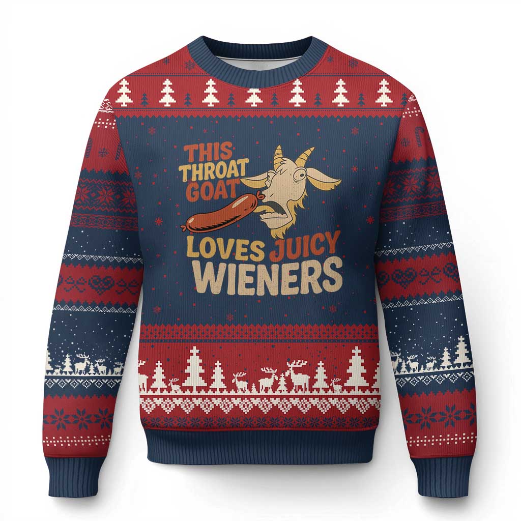 Funny This Throat Goat Loves Juicy Wieners Ugly Christmas Sweater Adult Jokes TS11 Navy Red Print Your Wear