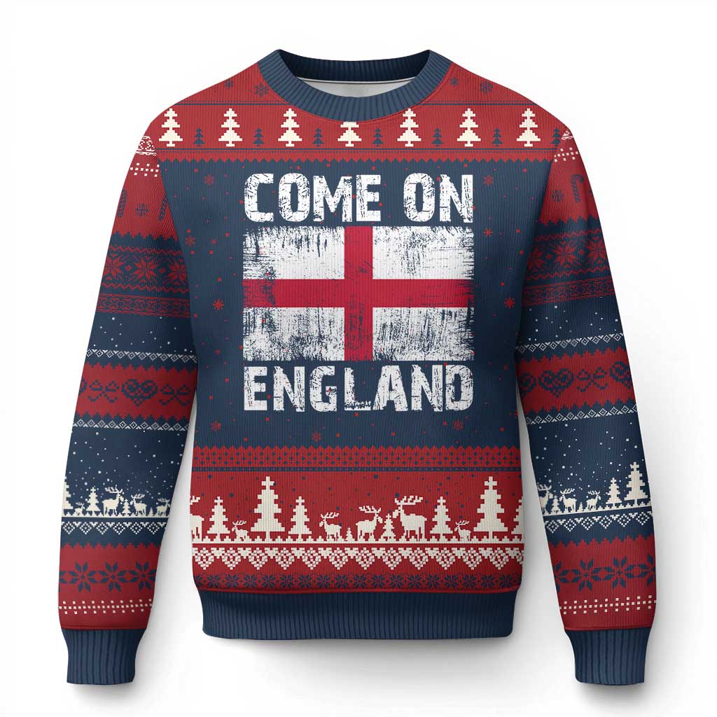 Come On England Ugly Christmas Sweater Vintage St George Cross Flag Football Fan TS11 Navy Red Print Your Wear