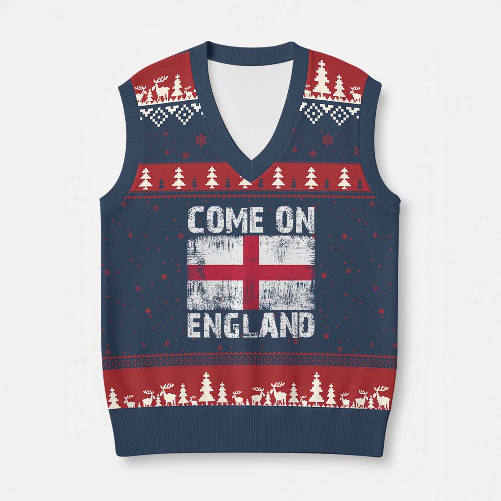 Come On England V-Neck Knit Sweater Vest Vintage St George Cross Flag Football Fan TS11 Navy Red Print Your Wear