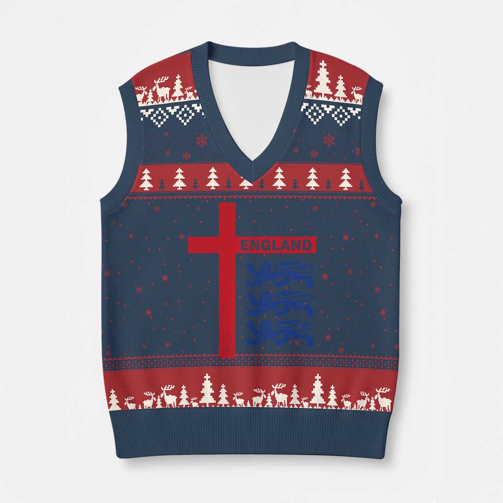 England Football St George Cross Three Lions Emblem V-Neck Knit Sweater Vest TS11 Navy Red Print Your Wear