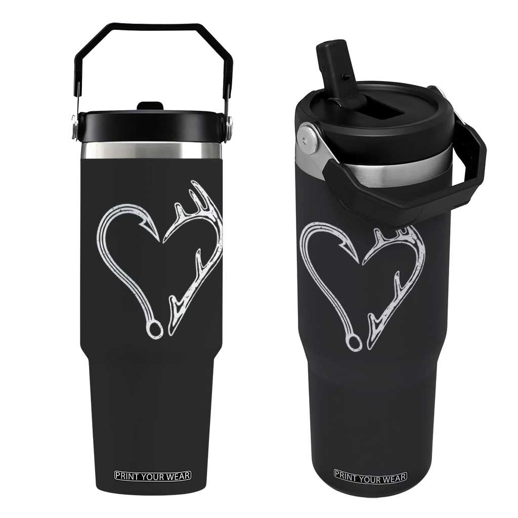 Fishing And Hunting Vintage Hook Antler Heart Flip Straw Tumbler TS11 One Size: 30 oz Black Print Your Wear