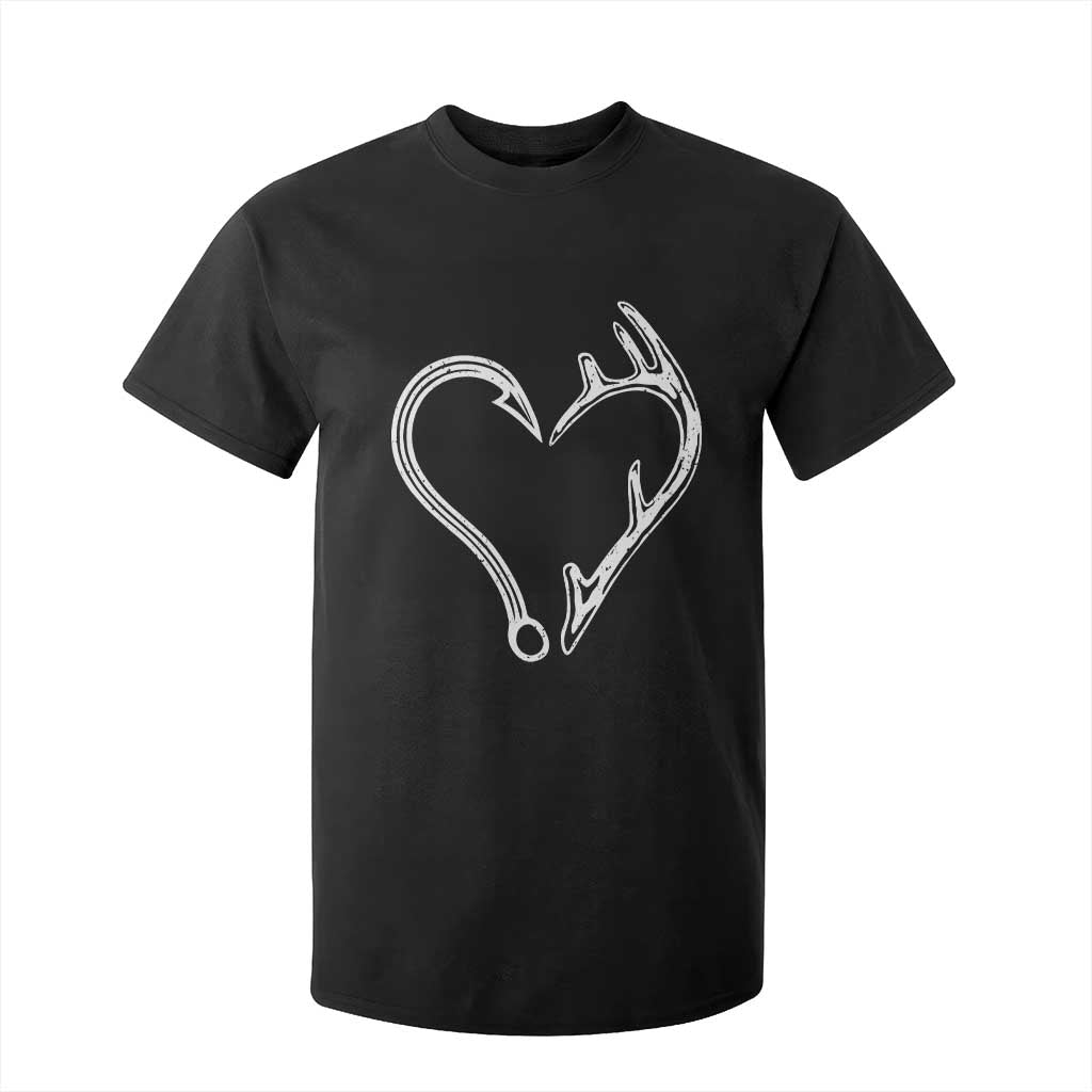 Fishing And Hunting Vintage Hook Antler Heart T Shirt For Kid - Print Your Wear