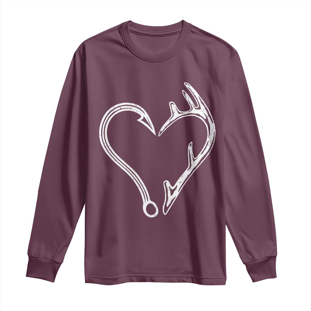 Fishing And Hunting Vintage Hook Antler Heart Long Sleeve Shirt TS11 Maroon Print Your Wear