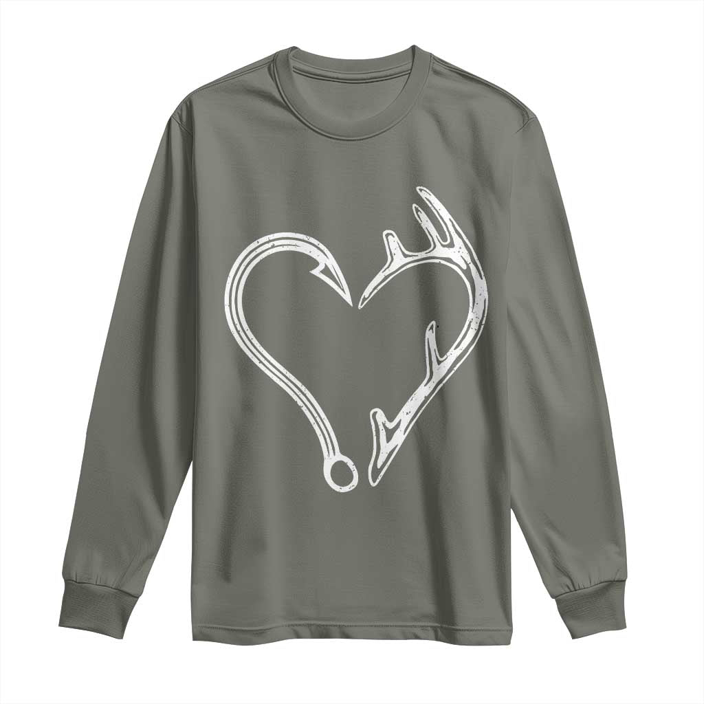 Fishing And Hunting Vintage Hook Antler Heart Long Sleeve Shirt TS11 Military Green Print Your Wear