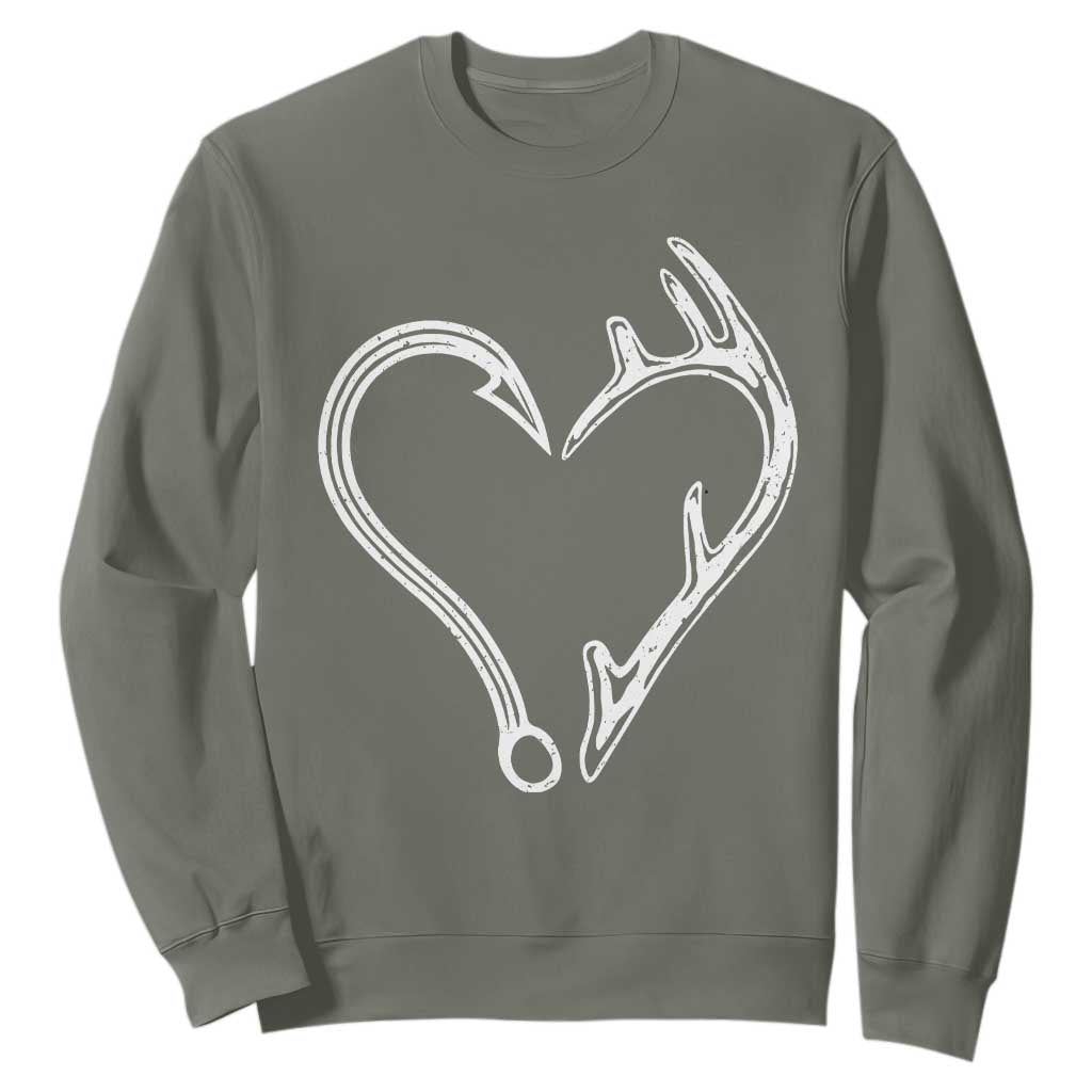 Fishing And Hunting Vintage Hook Antler Heart Sweatshirt TS11 Military Green Print Your Wear